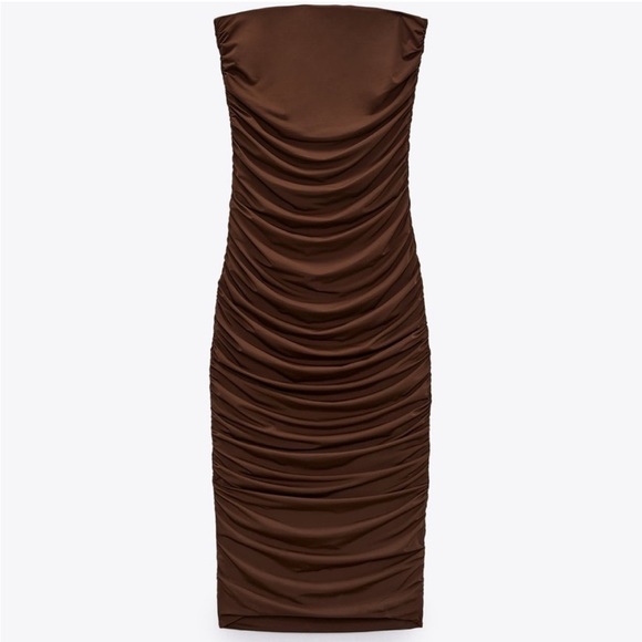 Zara Chocolate Strapless Ruched Stretch Jersey Dress L - Picture 9 of 11